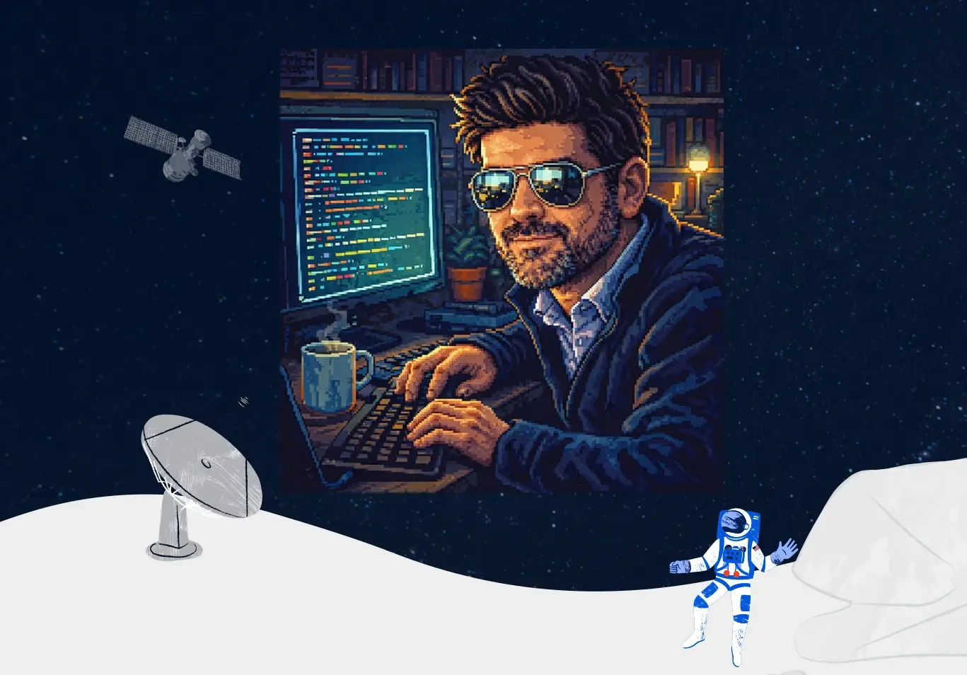 Ilustración de un desarrollador programando de noche, con temática espacial